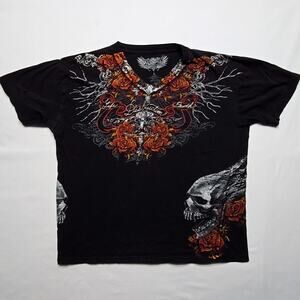 Skull Wings Gothic Graphic Tee Red Tattoo Affliction Style Y2K Large Shirt